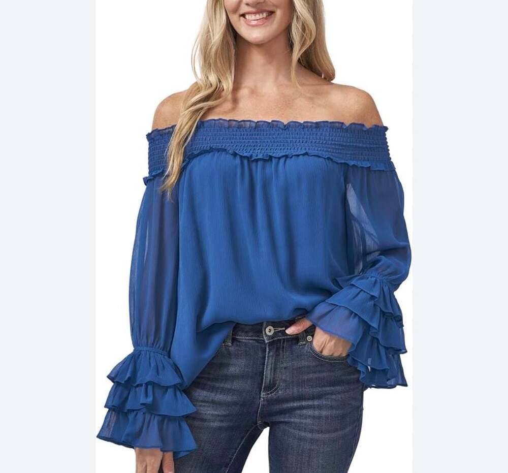 CeCe Off-the-Shoulder Smocked Chiffon Blouse with Ruffled Sleeves